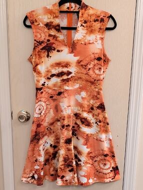 Coldesina Orange Tie-Dye Fit & Flare Dress XS Sleeveless V-Neck Pockets